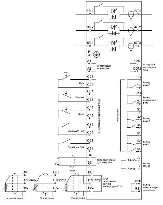 Схема подключения устройств плавного пуска серии SNI